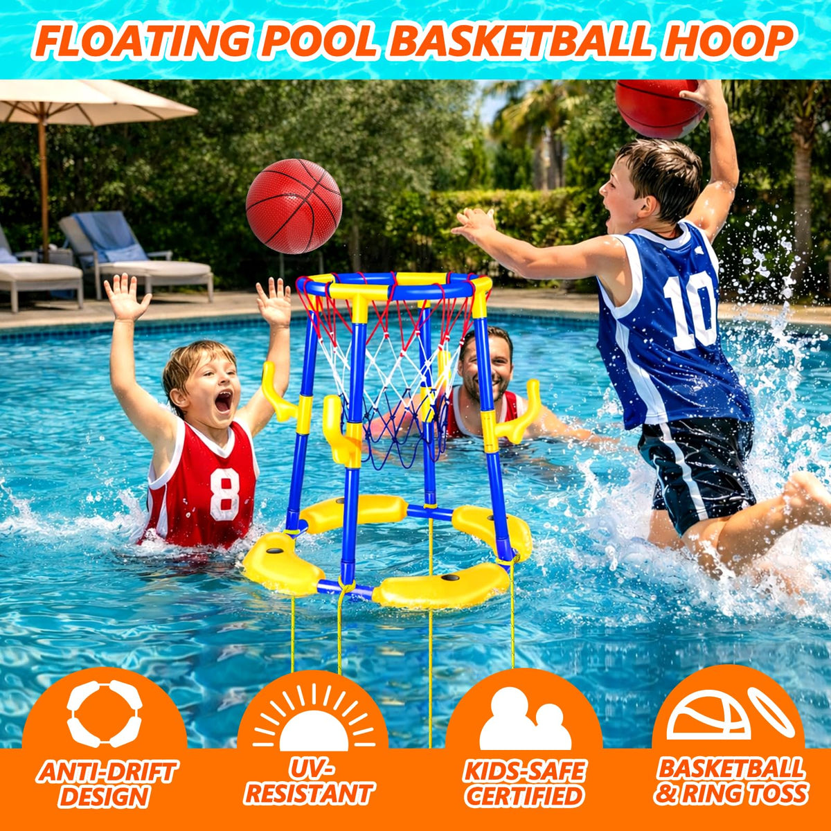 Doviden anti-tip base design keeps hoop balanced during active shots.
