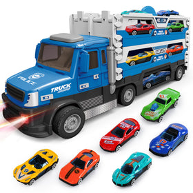 Dowellin 6-in-1 transport truck toy with carrier and six cars for imaginative play.