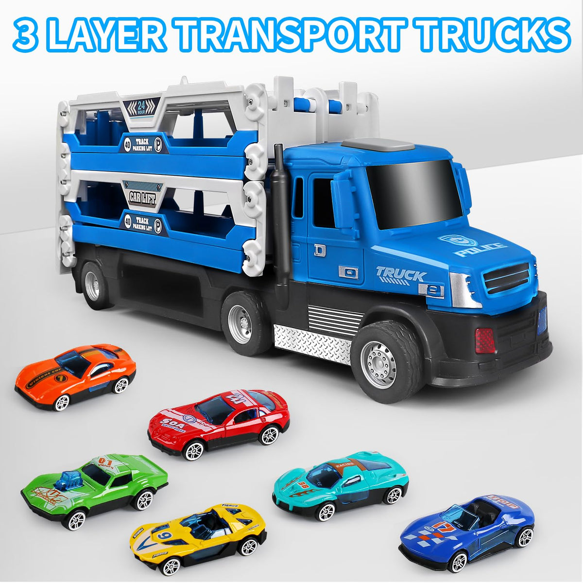 Dowellin police carrier truck with cars supports cooperative play and storytelling.