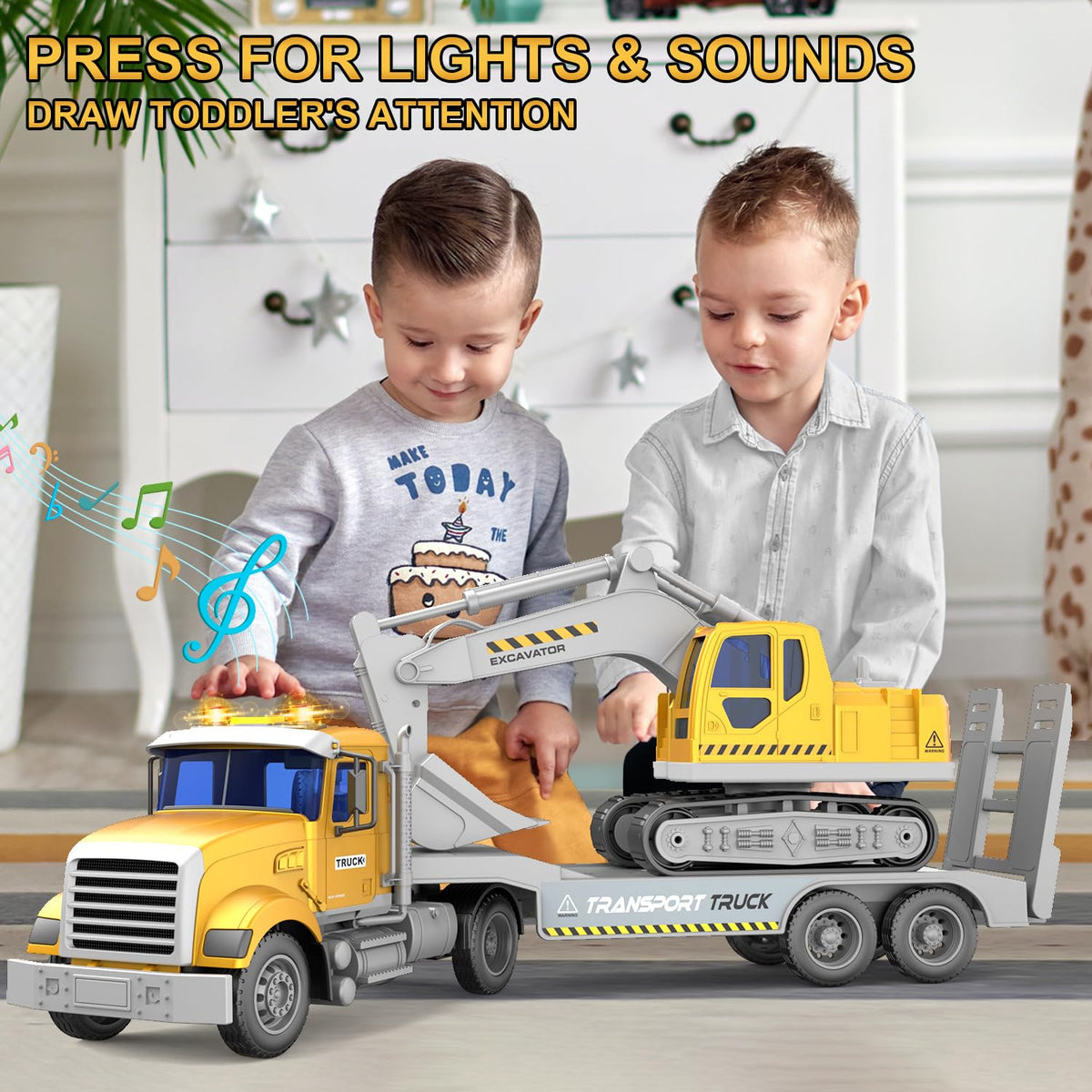 DOWELLIN truck head separates to simulate turning and unloading for interactive learning.