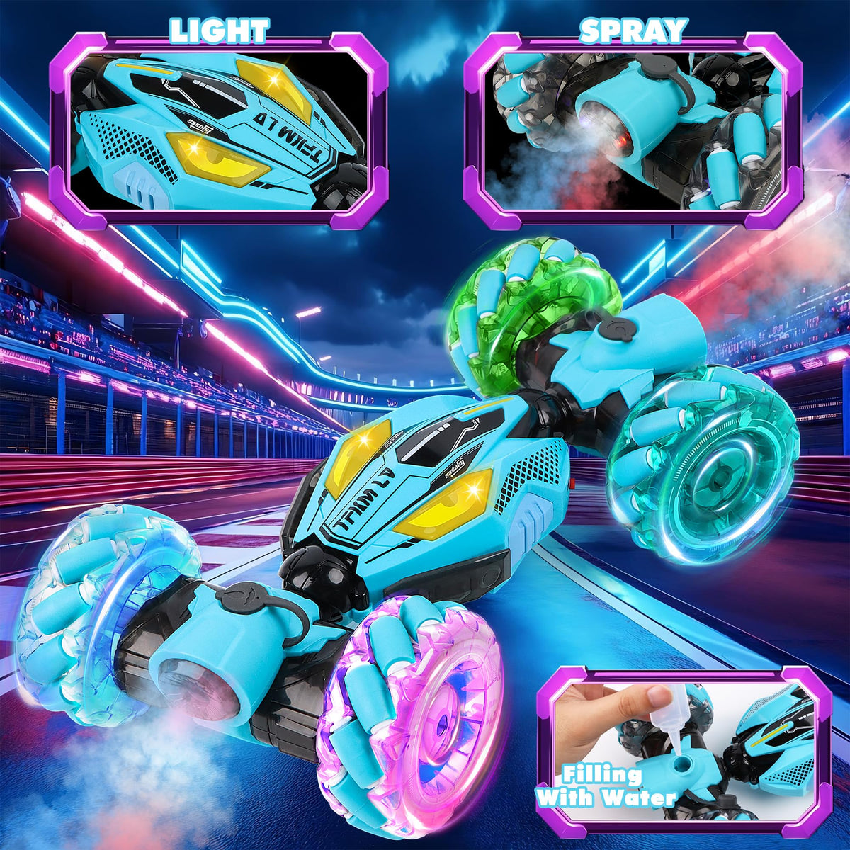DPAPDI Gesture Sensing RC Stunt Car side profile highlights rugged tires for all-terrain fun