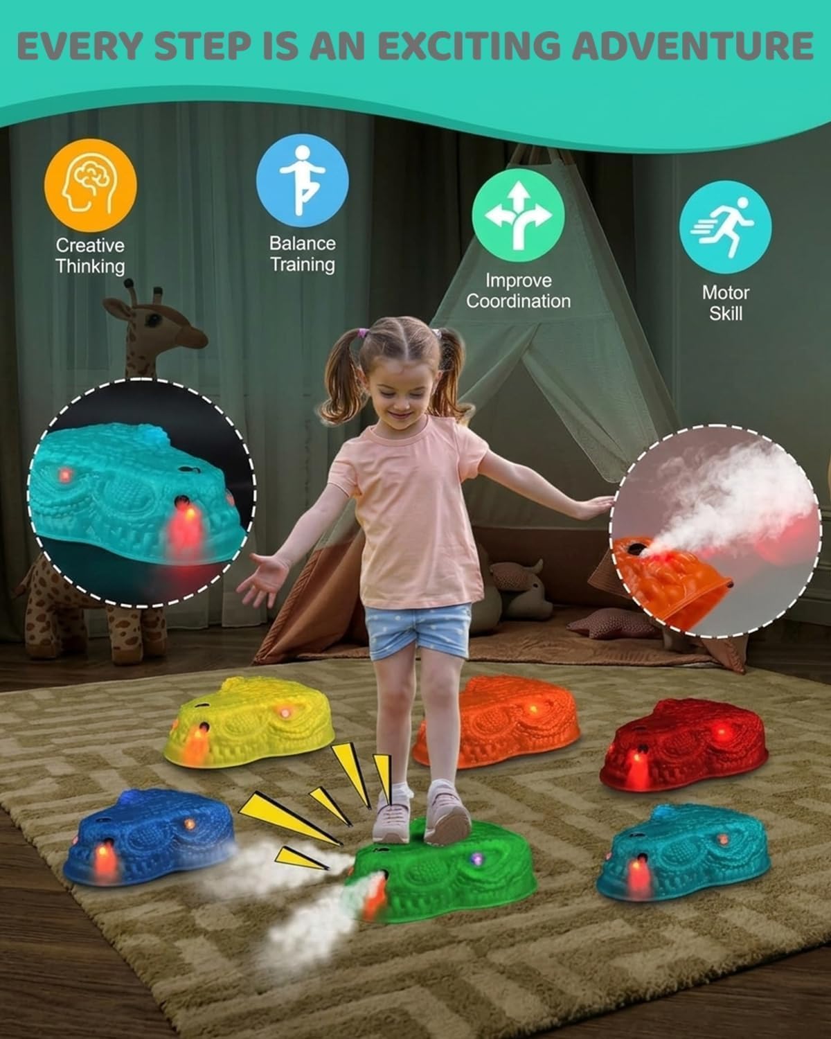 Dqoetort dinosaur stepping stone with mist spray for refreshing fun