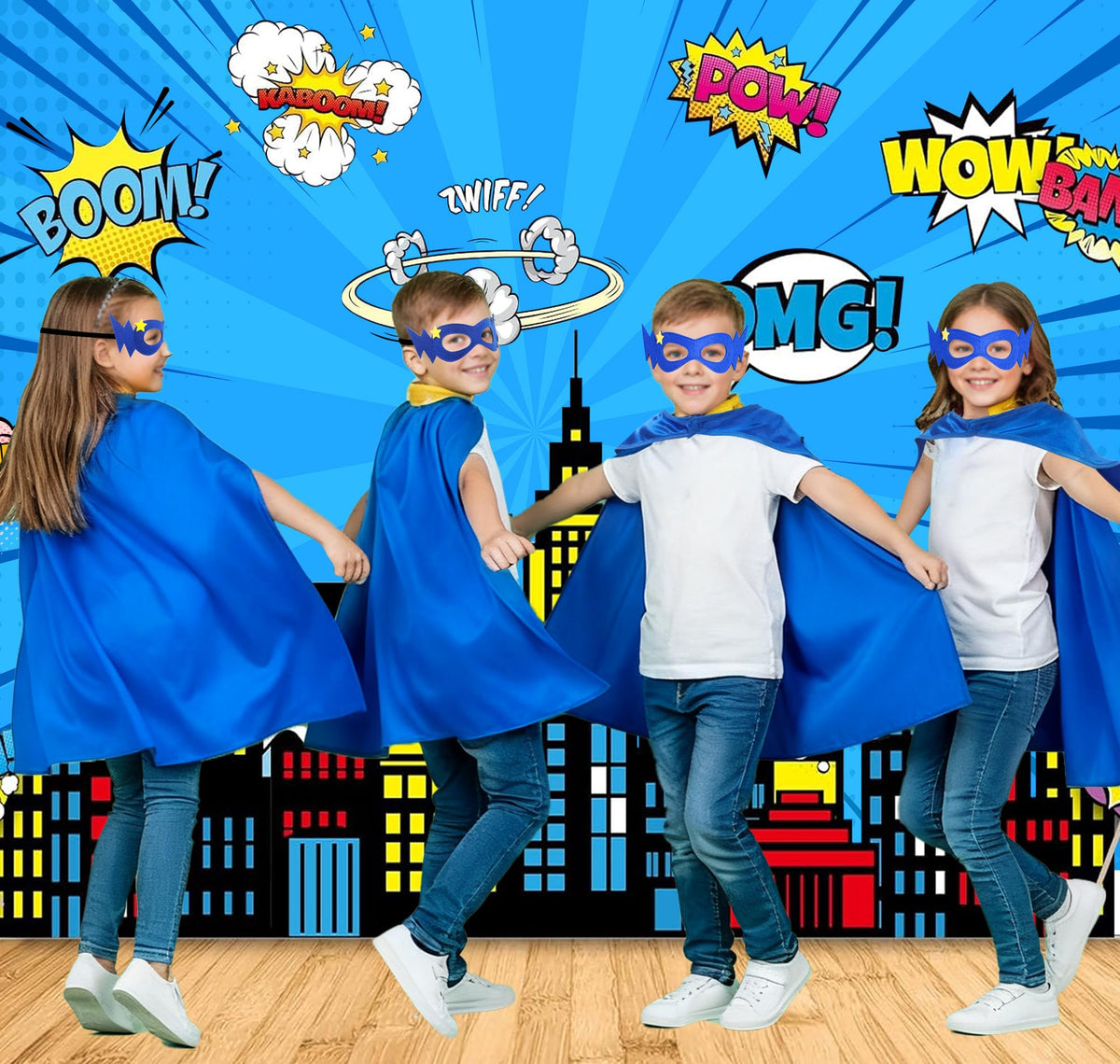 DQZ superhero cape blue back view, vibrant colors for kid costume fun