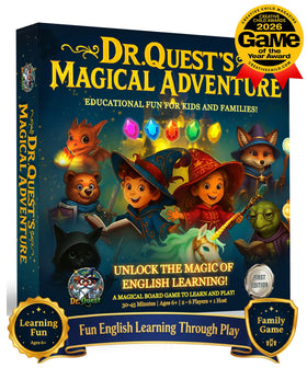 Dr. Quest's Magical Adventure board game image showing engaging family play and language skills.