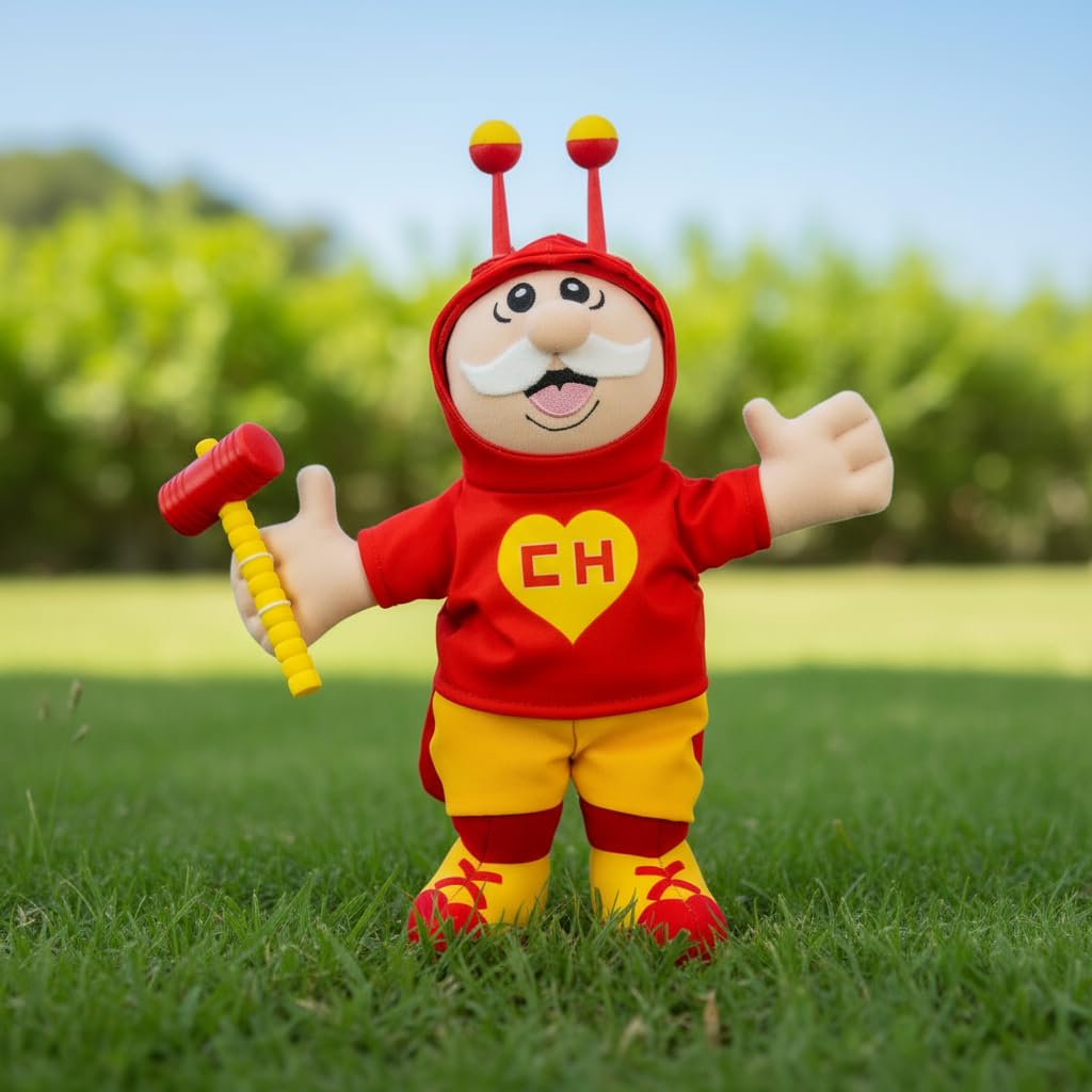 Dr. Simi × El Chapulín Colorado plush fabric close-up, hypoallergenic texture