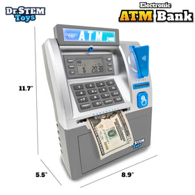 Dr. STEM Toys ATM bill feeder in action for quick deposits during pretend play