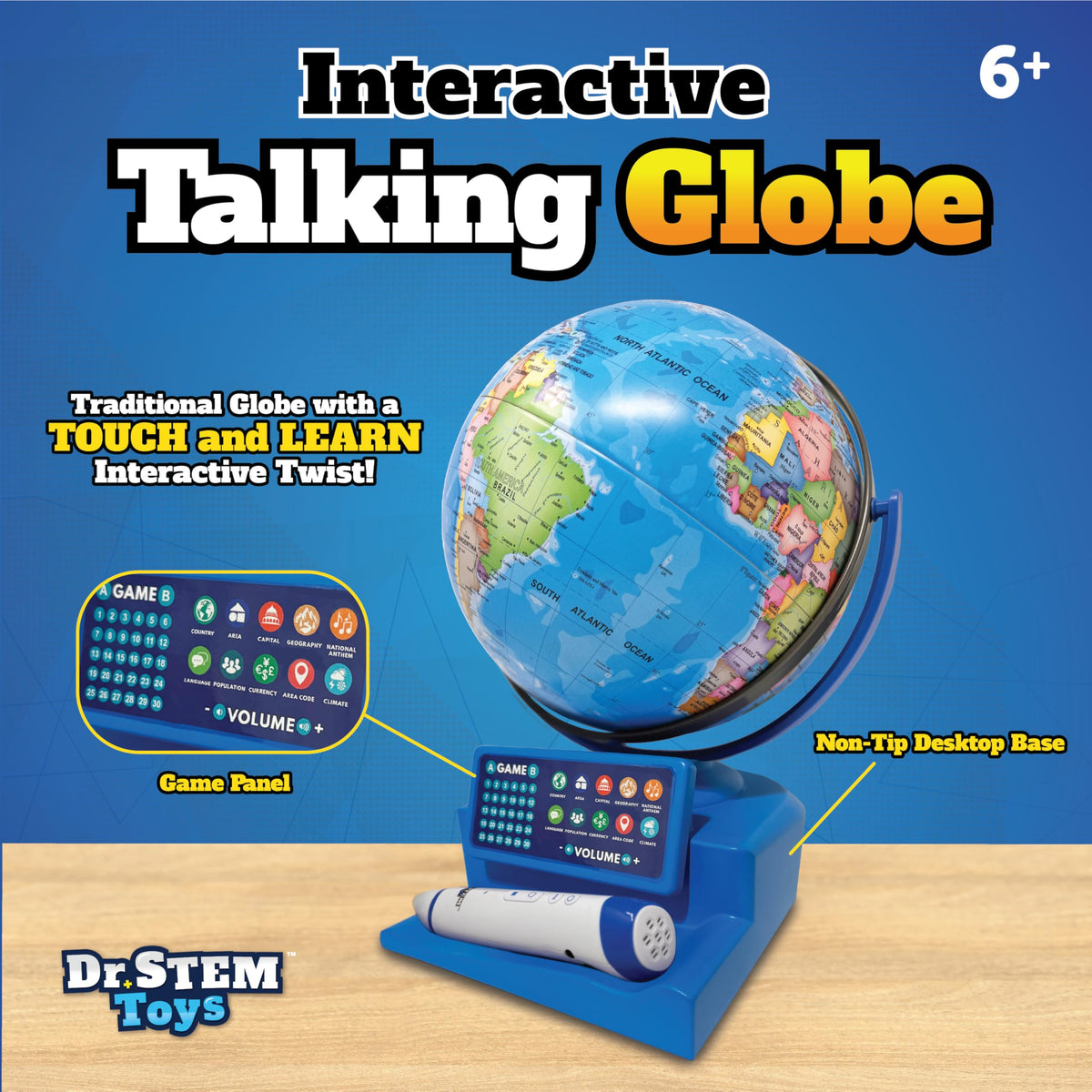 Globe with game panel encourages active learning through geography challenges