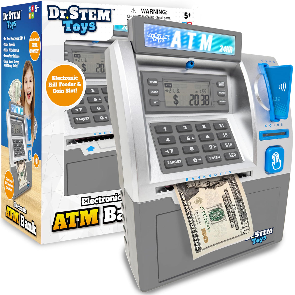 Dr. STEM Toys Kids ATM Savings Bank front view shows real saving features