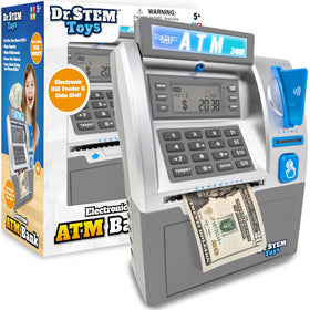 Dr. STEM Toys Kids ATM Savings Bank front view shows real saving features