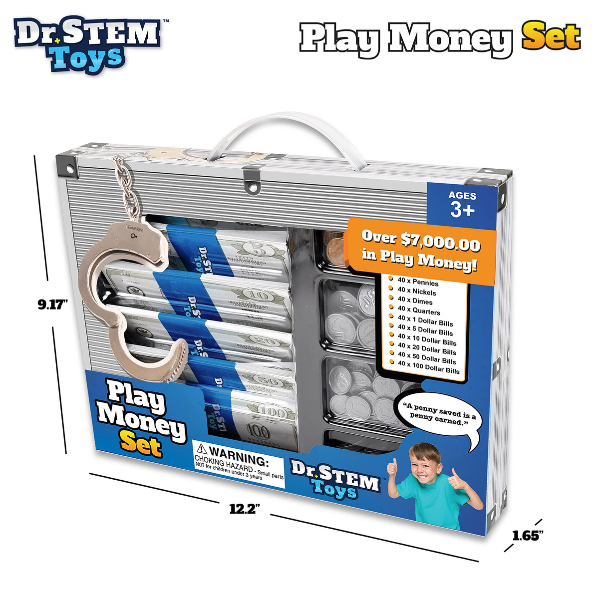 Dr. STEM Toys Play Money bills stacked for realistic financial play scenarios.