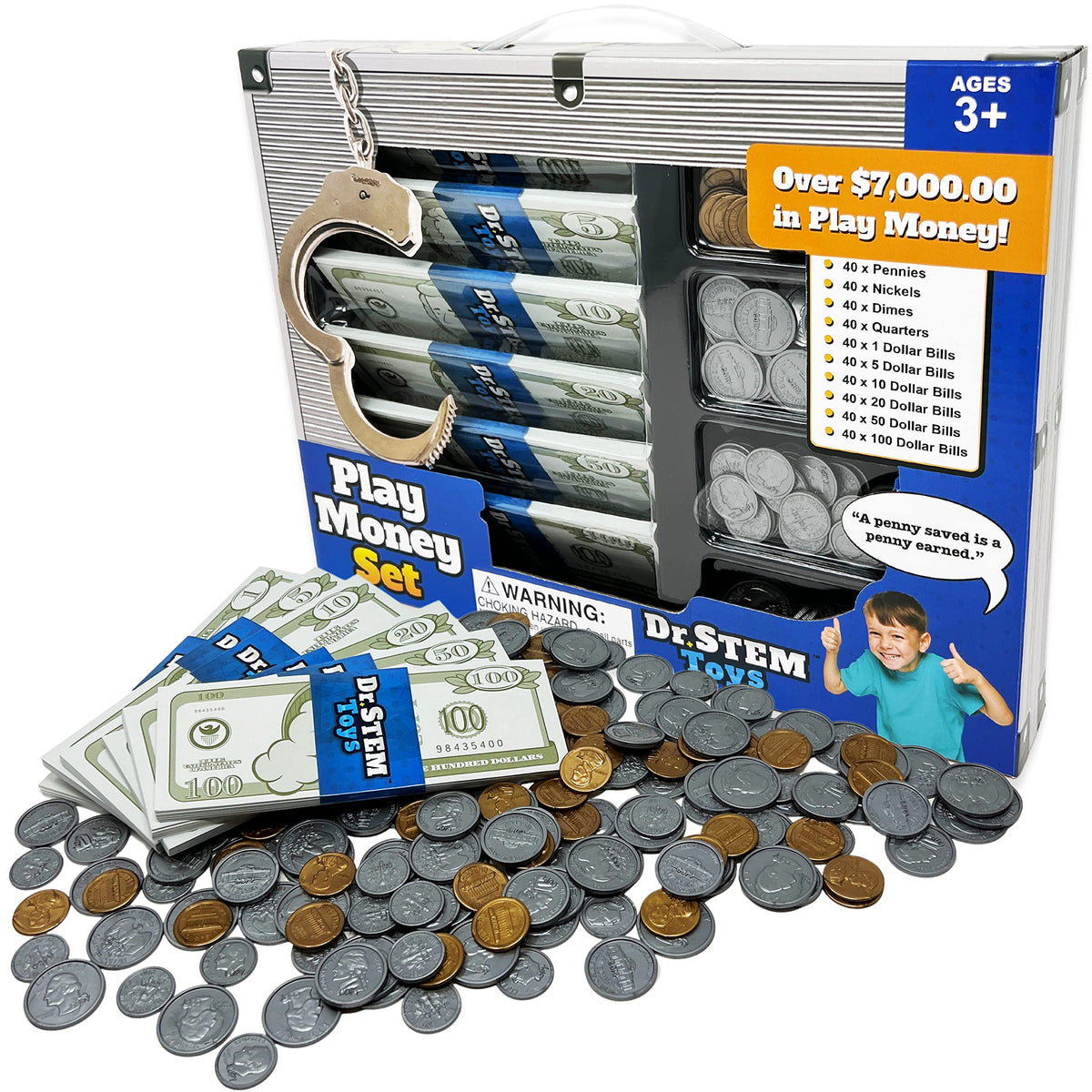 Dr. STEM Toys Play Money coins in hand for tactile pretend cash learning.