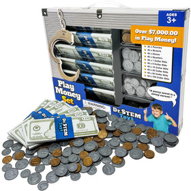 Dr. STEM Toys Play Money coins in hand for tactile pretend cash learning.