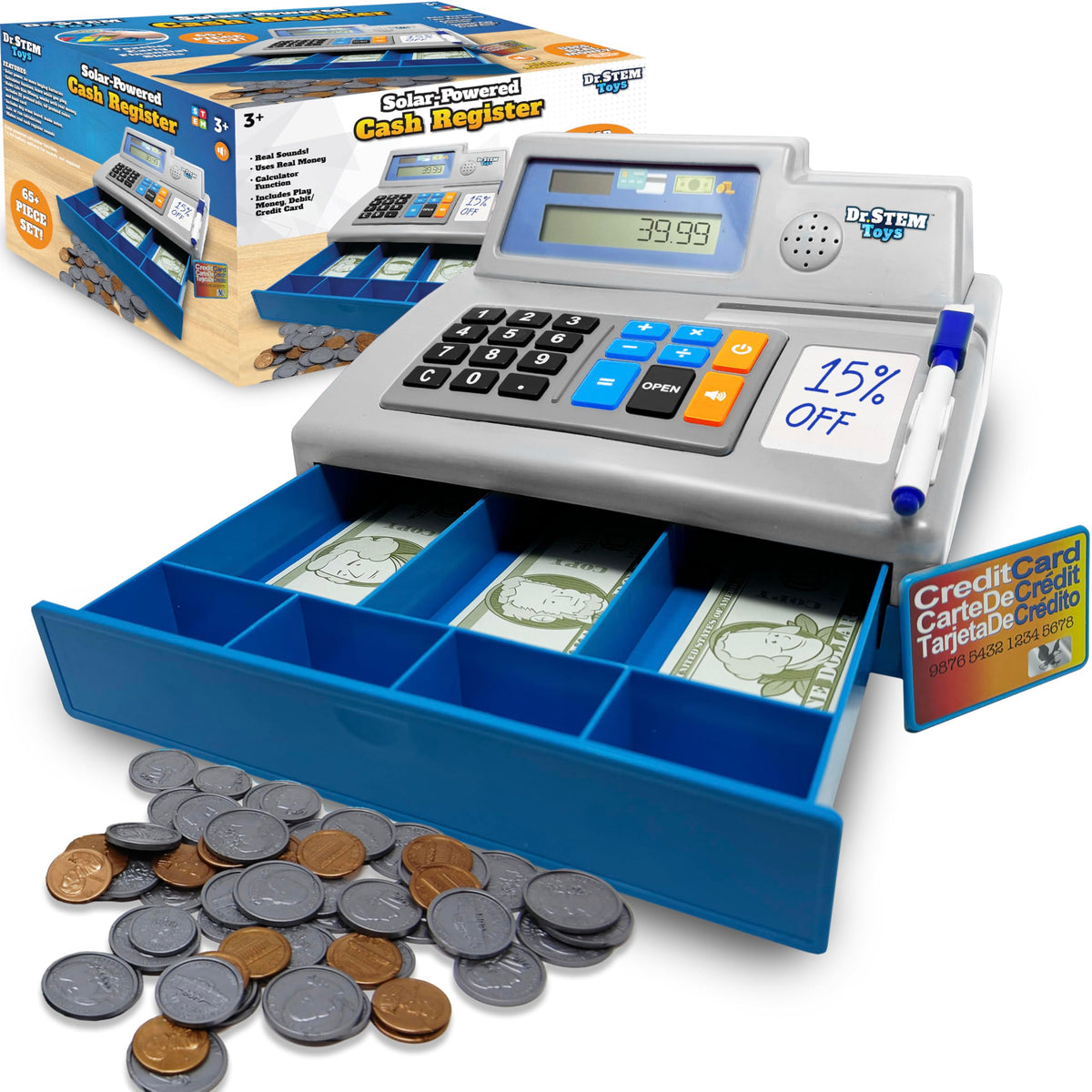 Dr. STEM Toys solar-powered calculator cash register for math play and learning.
