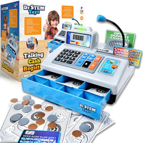 Dr. STEM Toys Talking Cash Register front view showing multilingual screen for playful math learning