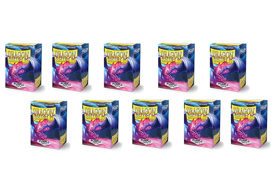 Dragon Shield Matte Purple Sleeves front view, clear fronts for easy shuffling.