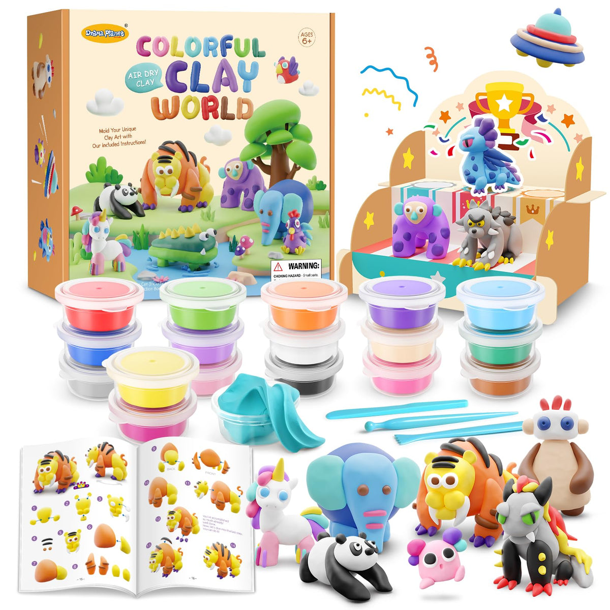 Drama Planet air-dry clay kit contents with 18 colors for creative play