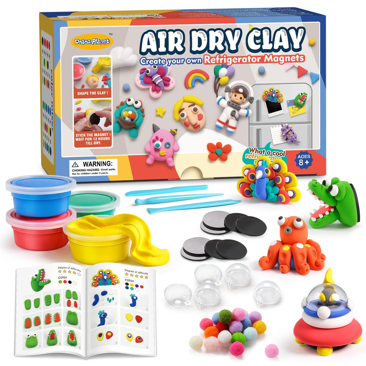 Drama Planet air dry clay kit with colorful magnets for kids' fridge art.