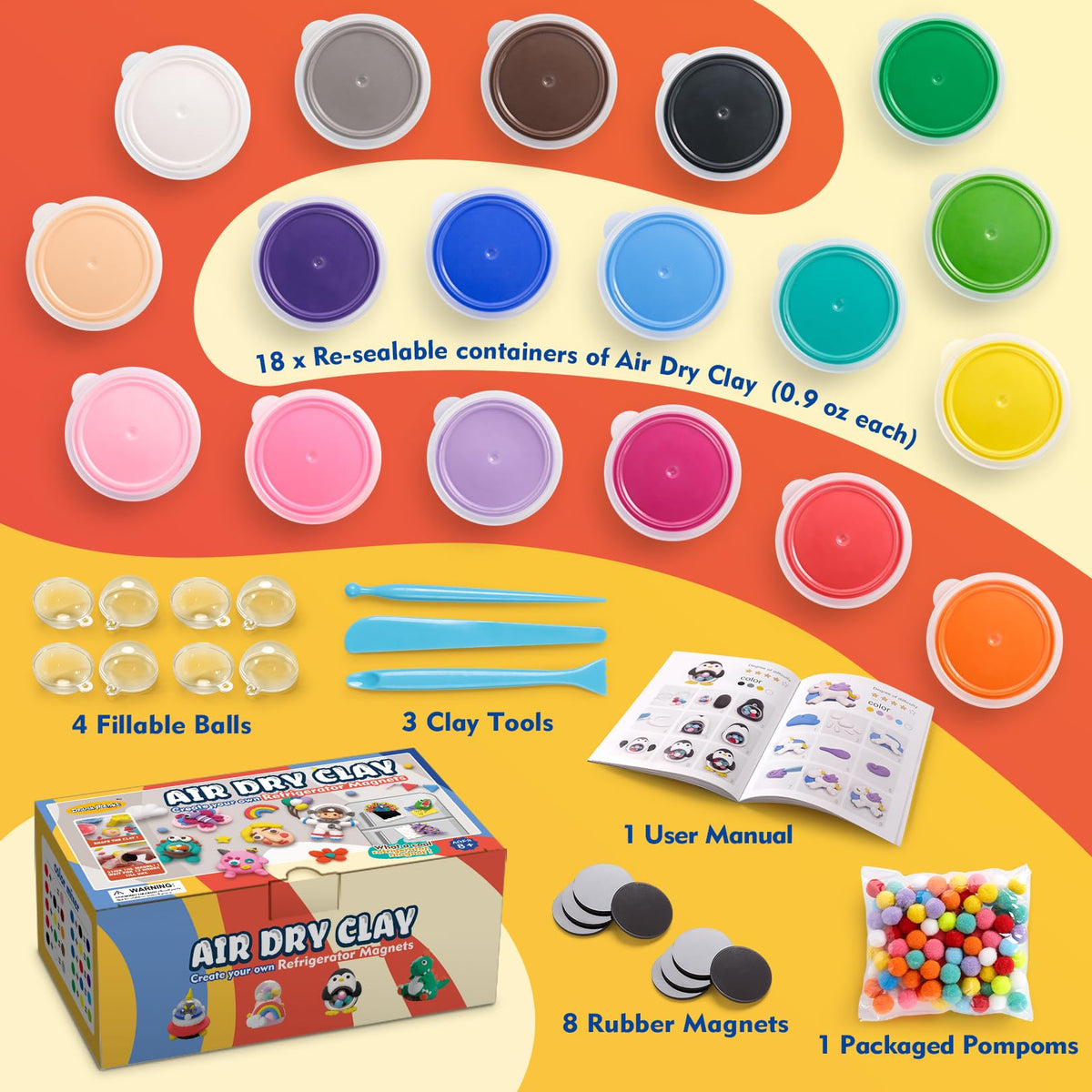 Colorful clay colors stored in resealable containers for mess-free use.