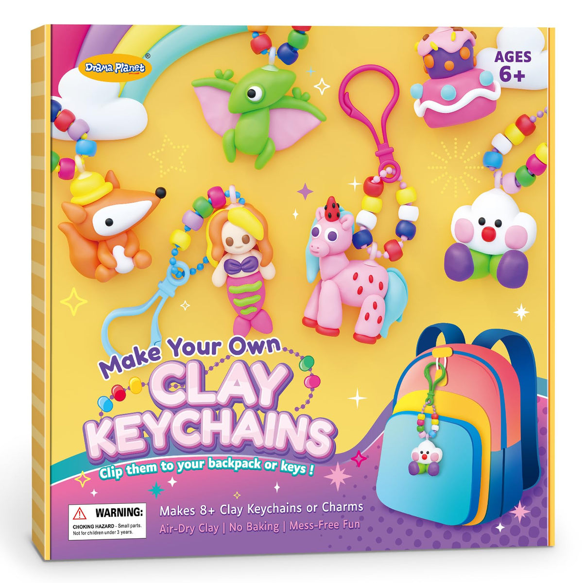 Drama Planet packaging of make-your-own-clay-keychains-kit showing vibrant contents for creative play