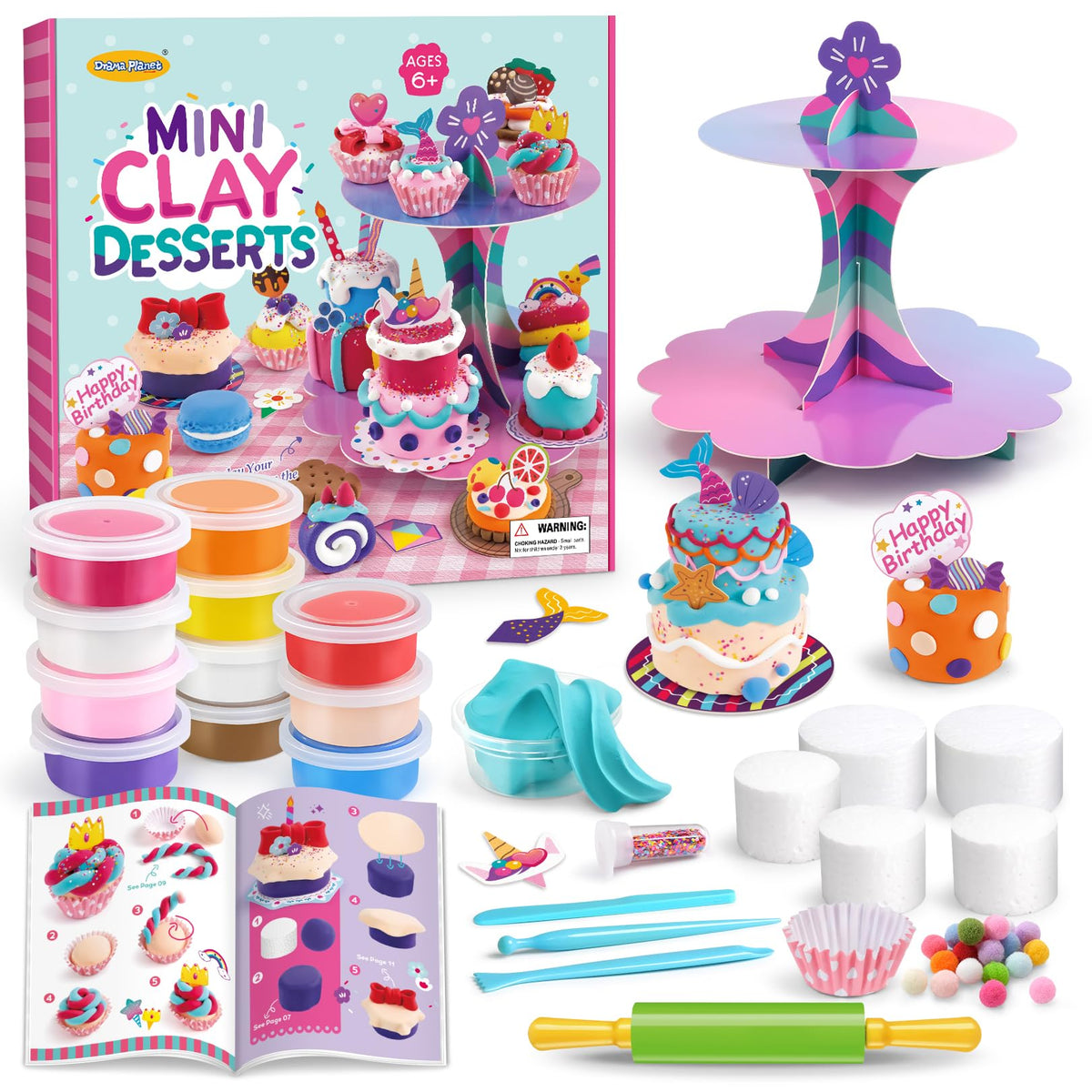 Drama Planet mini desserts on a two-tier display stand showcasing kids' clay creations