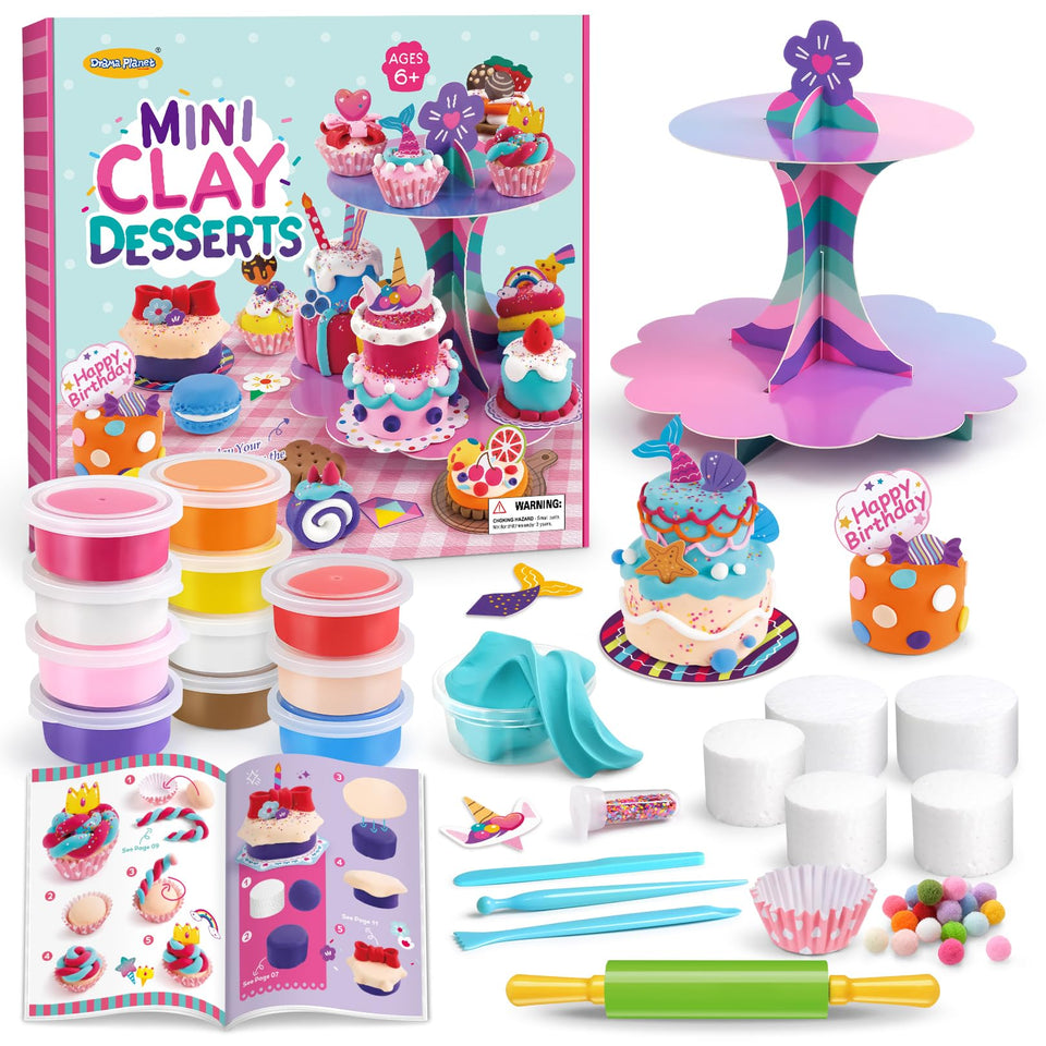 Drama Planet mini desserts on a two-tier display stand showcasing kids' clay creations
