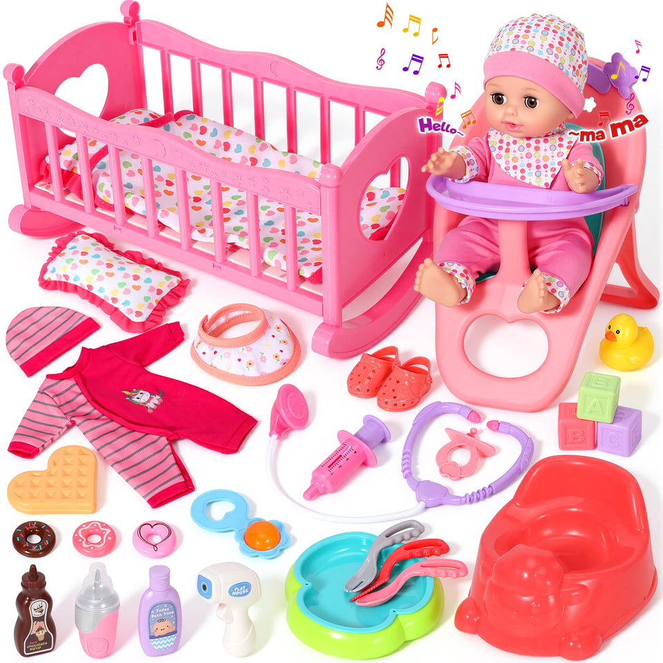 DRAMATION 12-inch interactive baby doll with crib for nurturing play