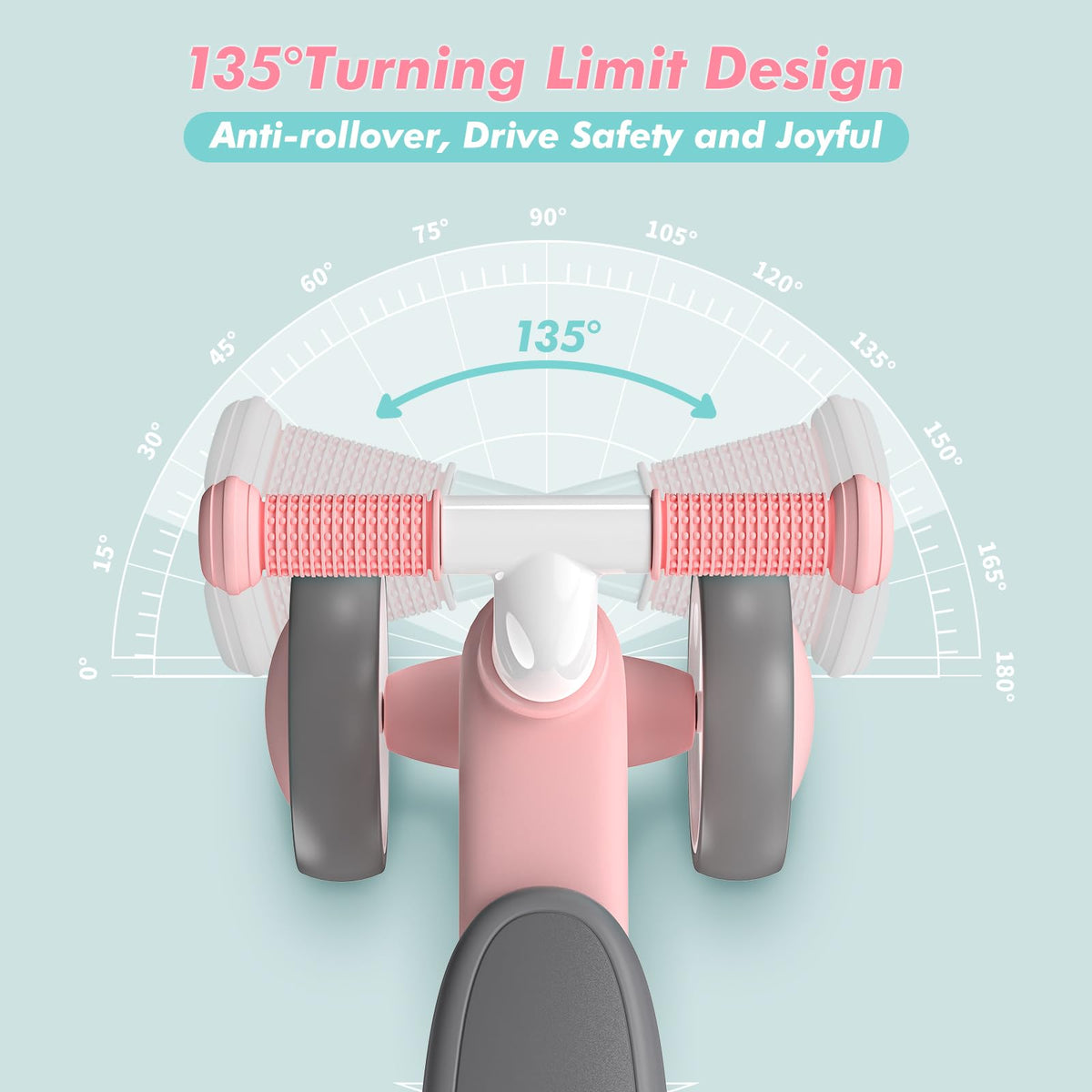 DRAMATION baby balance bike pink, 135-degree turning limit for safer steering