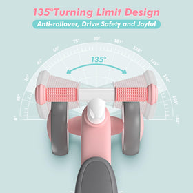 DRAMATION baby balance bike pink, 135-degree turning limit for safer steering