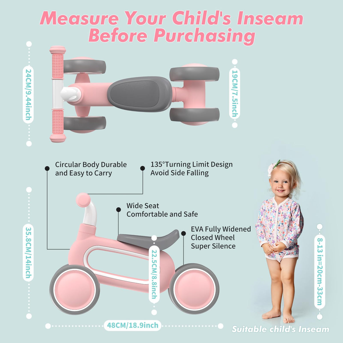 DRAMATION baby balance bike pink, no-pedal design and quiet wheels for calm rides