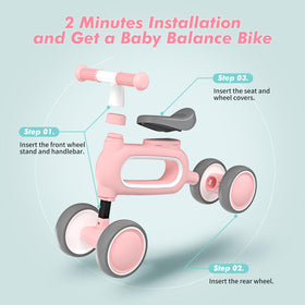 DRAMATION baby balance bike pink, four silent wheels for smooth motion