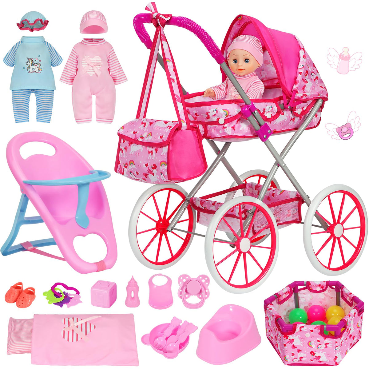 DRAMATION Unicorn Doll Stroller Set; vibrant unicorn theme for imaginative pretend play.