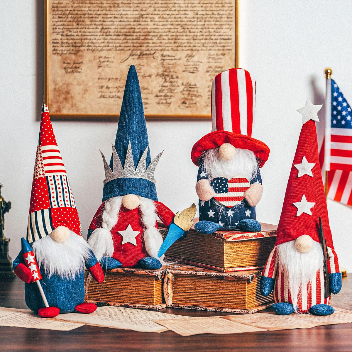 DraMosary gnomes with patriotic hats for July decor.