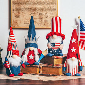DraMosary gnomes with patriotic hats for July decor.