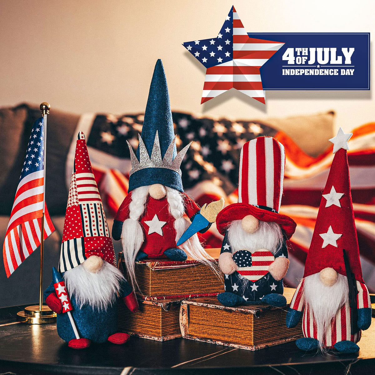DraMosary 4-piece Americana gnome set for celebrations.