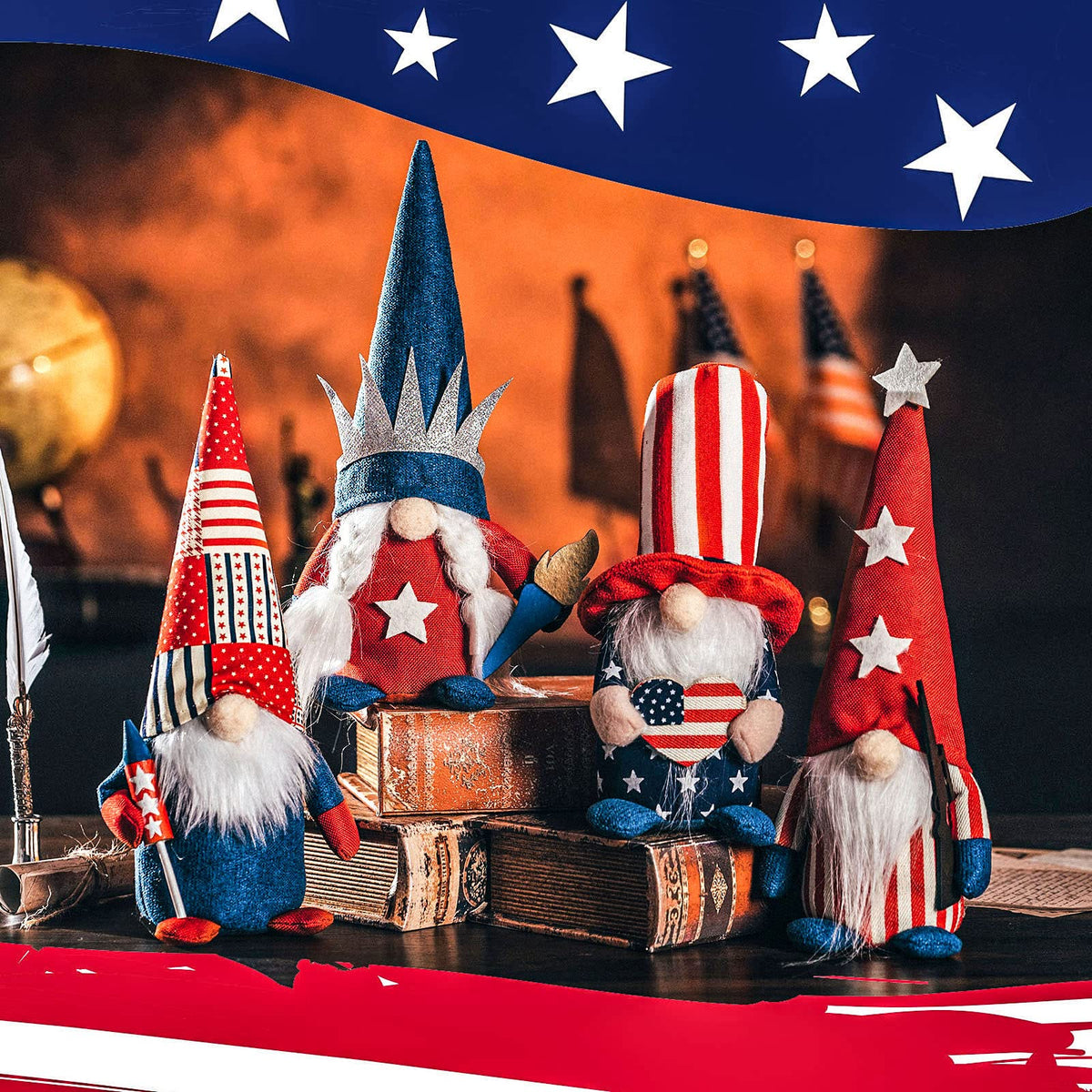 DraMosary gnomes in blue and red Stars & Stripes hats.