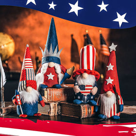 DraMosary gnomes in blue and red Stars & Stripes hats.