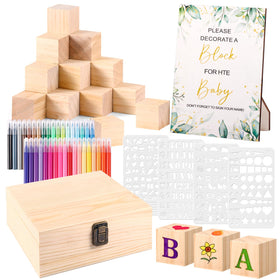 Draupnir baby shower blocks paint kit engages guests with DIY decor ideas using colorful markers.