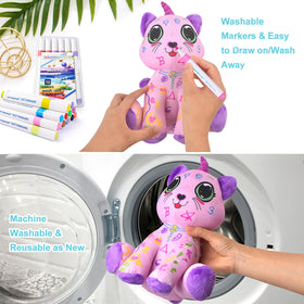 DRAWMYTOY child colors plush kitten during a colorful coloring session.