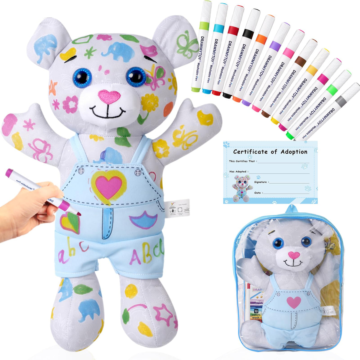 DRAWMYTOY coloring plush blue bear ready for creative coloring.