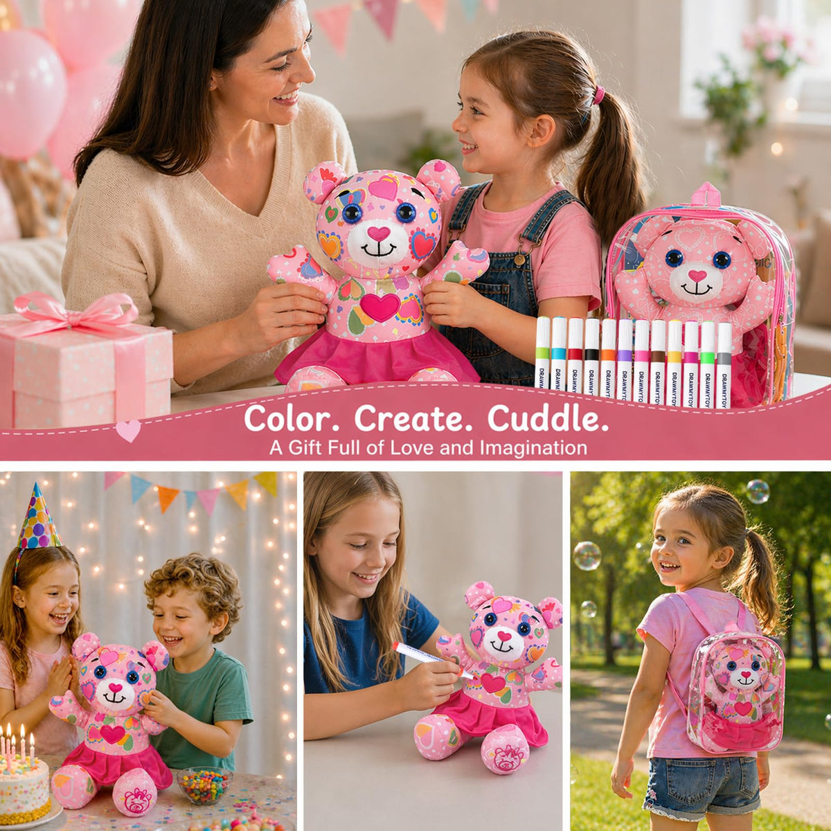 DrawMyToy pink bear with adoption certificate for pretend pet care