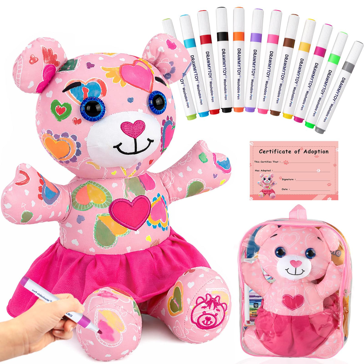 DrawMyToy pink bear coloring plush toy ready for creative play