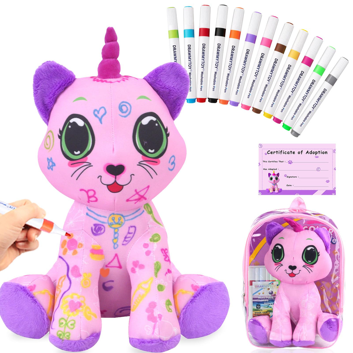 DRAWMYTOY purple kitten being colored for creative play and easy washing.