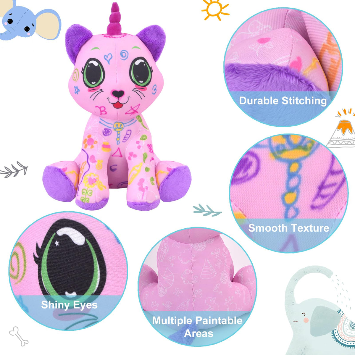DRAWMYTOY plush designed to be machine washable after coloring sessions.