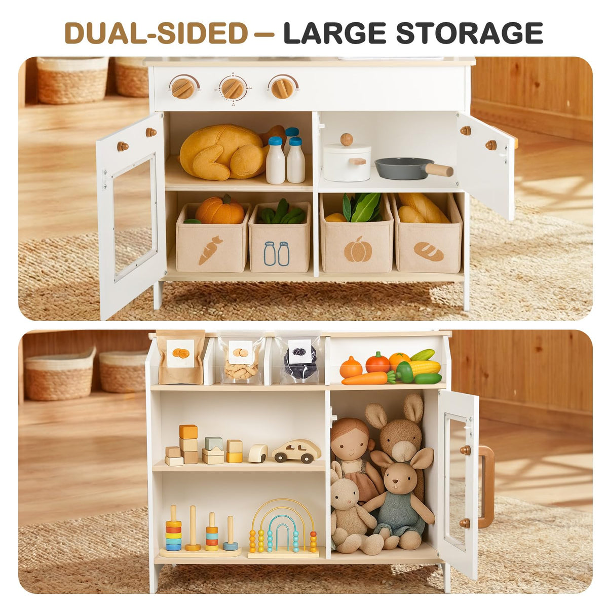 DREAM BUILDING Dual-Sided Play Kitchen market shelves for stocking toy groceries