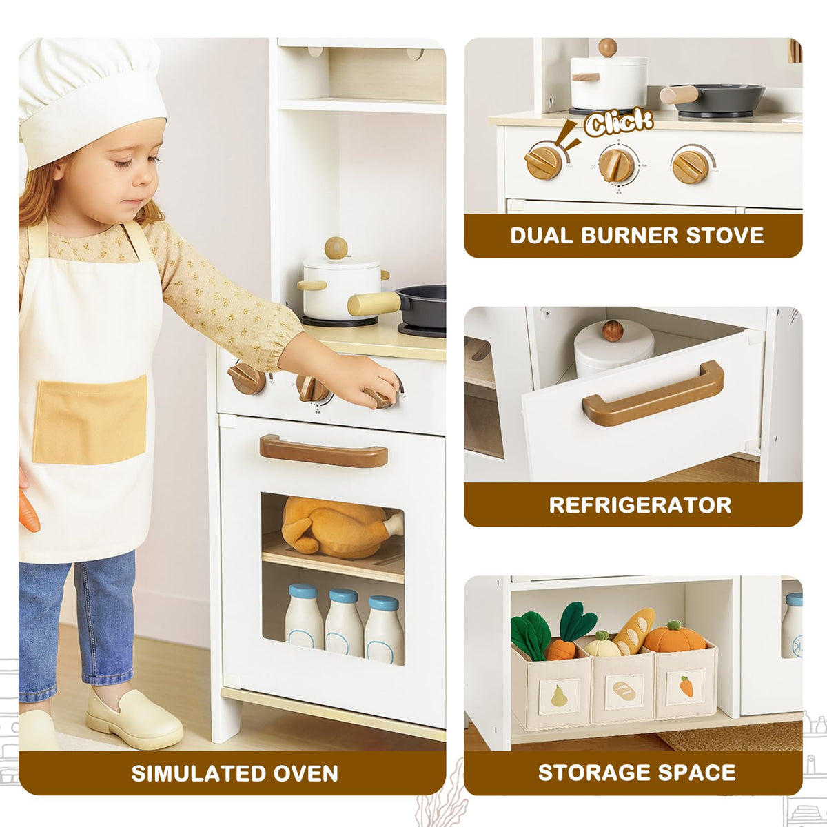 DREAM BUILDING Dual-Sided Play Kitchen oven and shelves for organized pretend meals