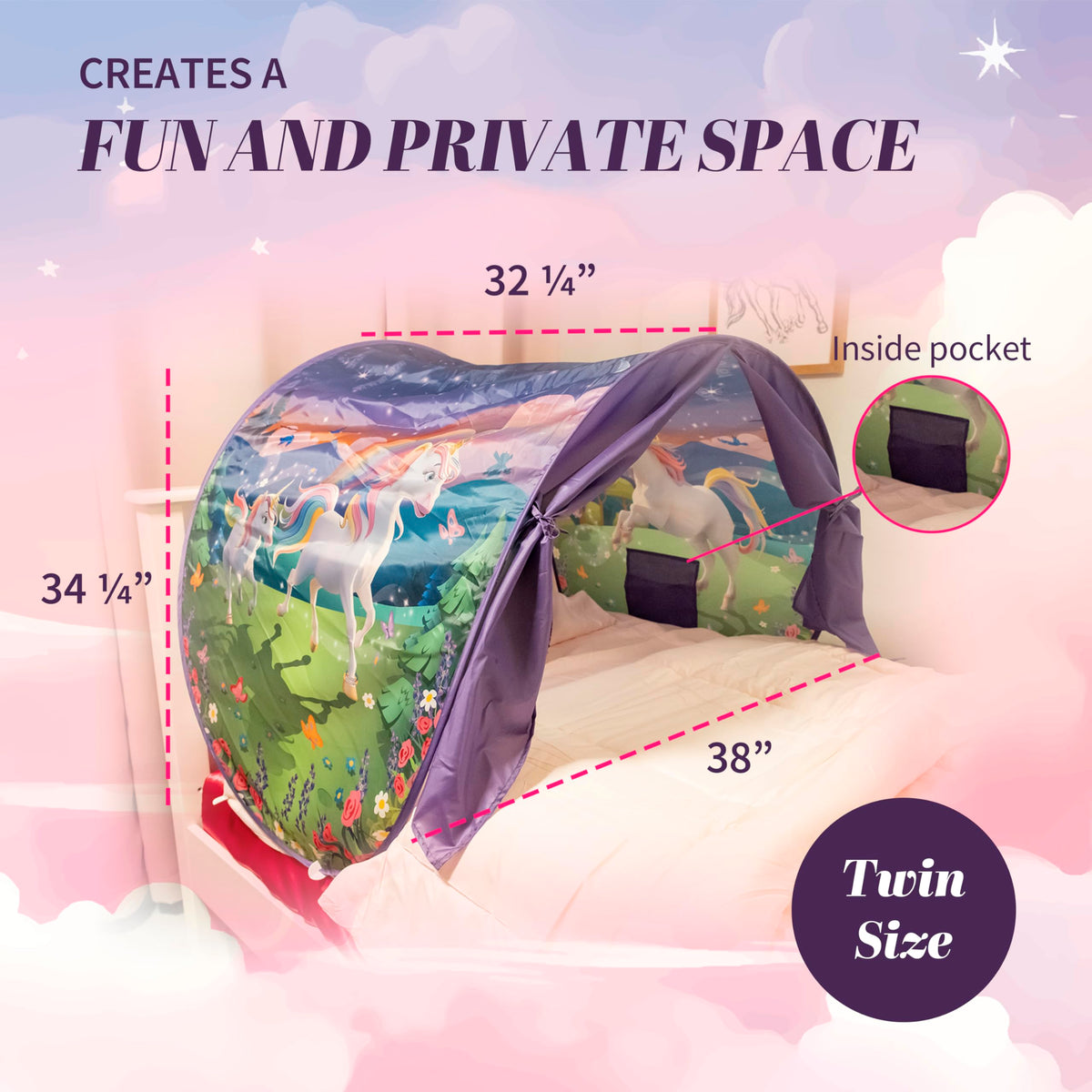Dream Tents unicorn canopy twin bed durable-polyester stands up to nightly use.