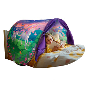 Dream Tents unicorn canopy twin bed open demonstrates quick setup for bedtime.