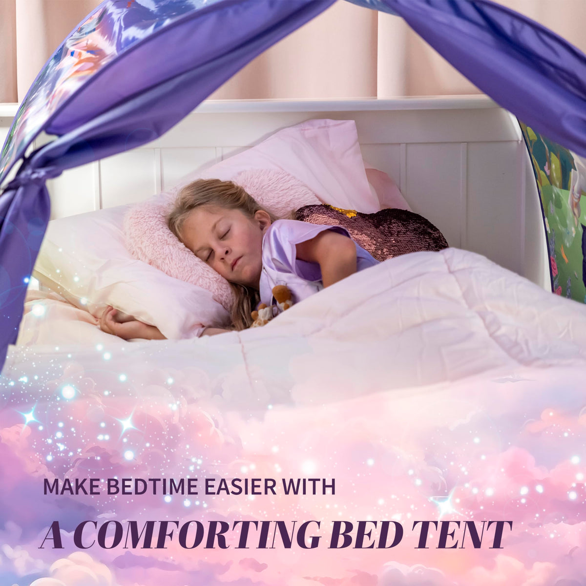 Dream Tents unicorn canopy twin bed pops-up for quick, space-saving setup.