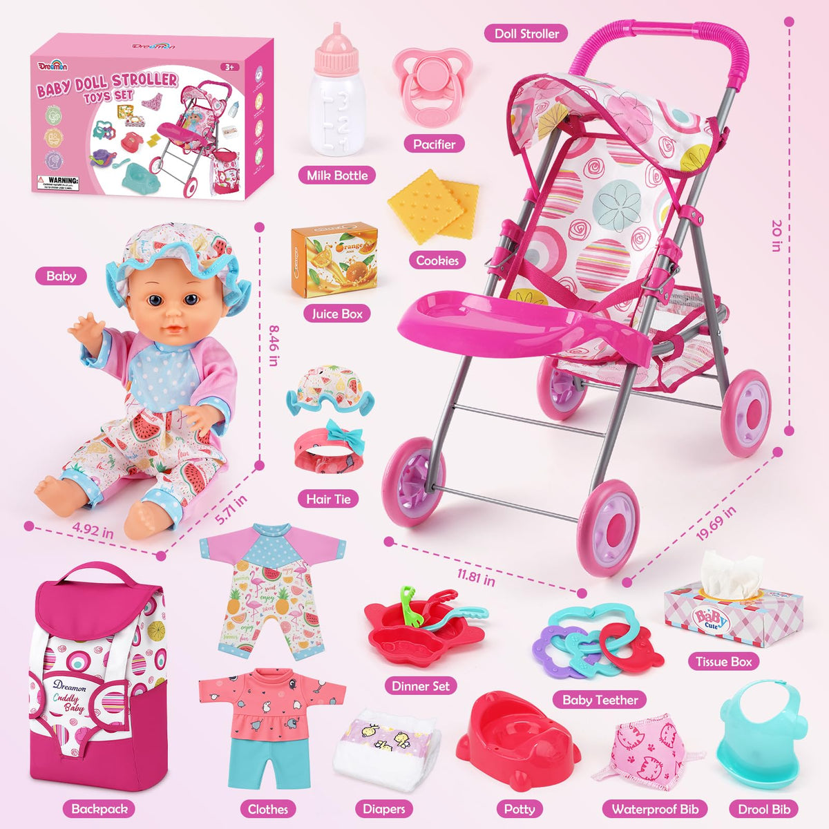 Dreamon 12.5-inch doll close-up showing cuddly, durable features for pretend time.