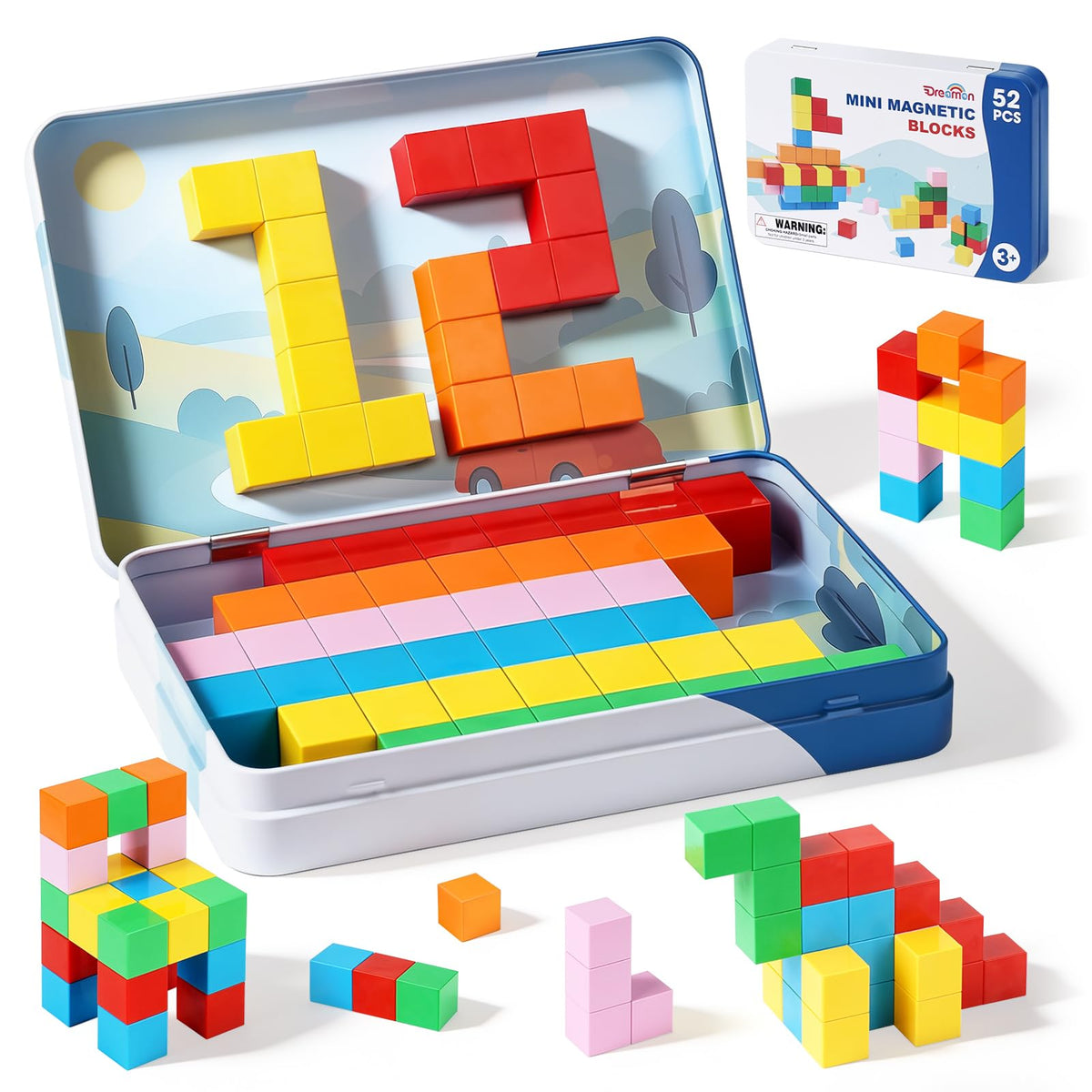 Dreamon 52-pcs magnetic blocks in a metal tin for travel-friendly play